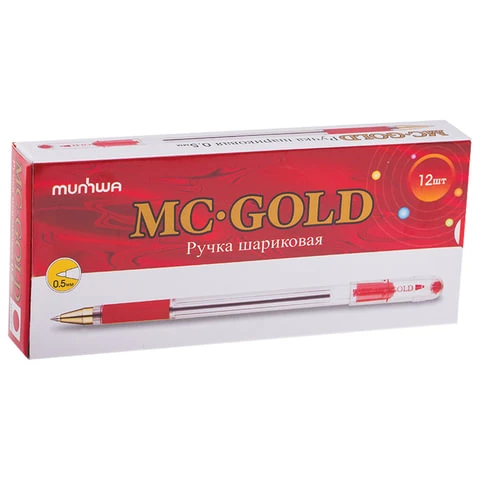 Ручка шариковая масляная с грипом MUNHWA "MC Gold", КРАСНАЯ, корпус