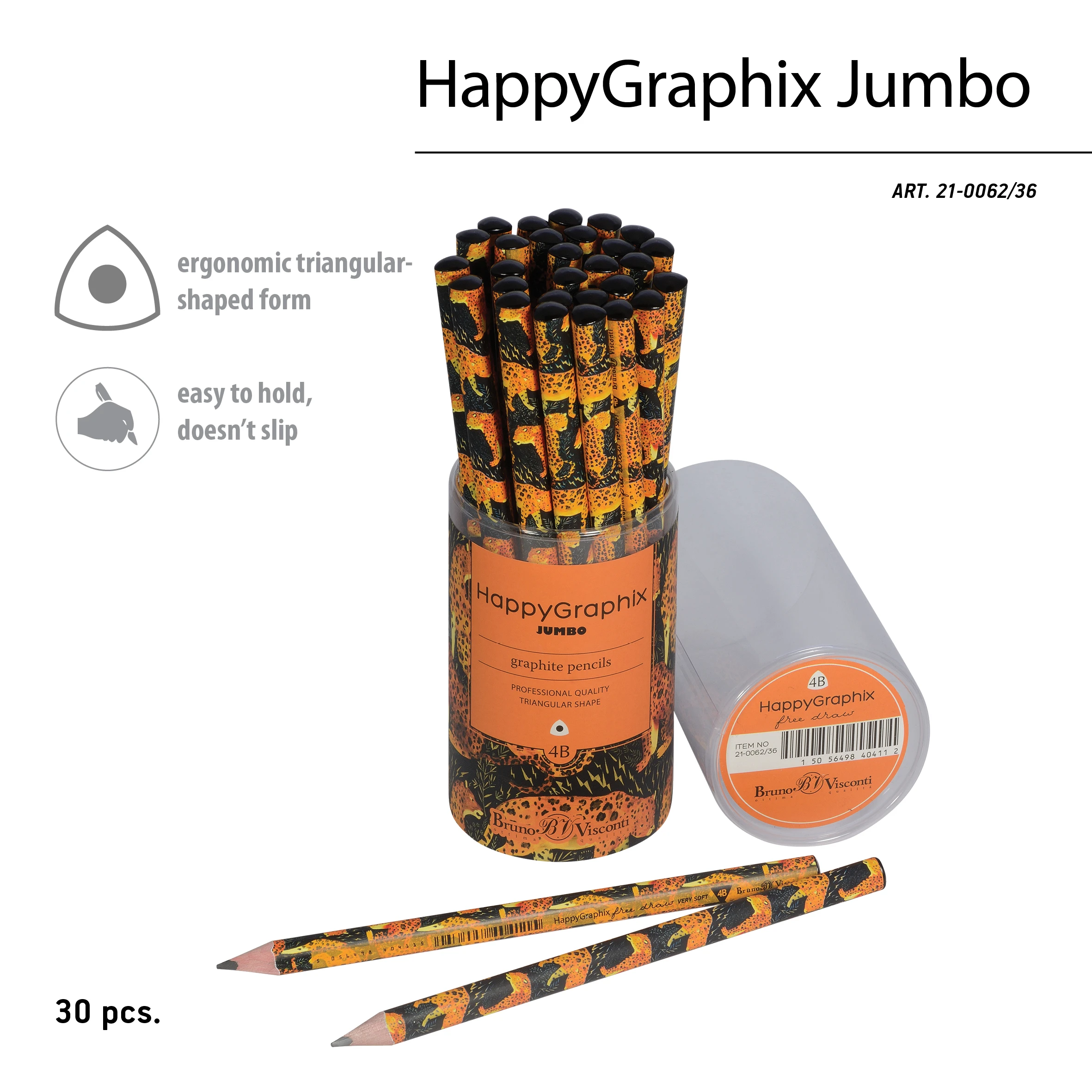 КАРАНДАШ ЧЕРНОГРАФИТОВЫЙ "HappyGraphix Jumbo. Леопард" 4В, 3.5 MM