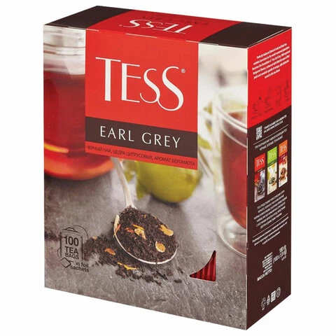 Чай TESS (Тесс) "Earl Grey", черный, с цедрой лимона, 100 пакетиков в