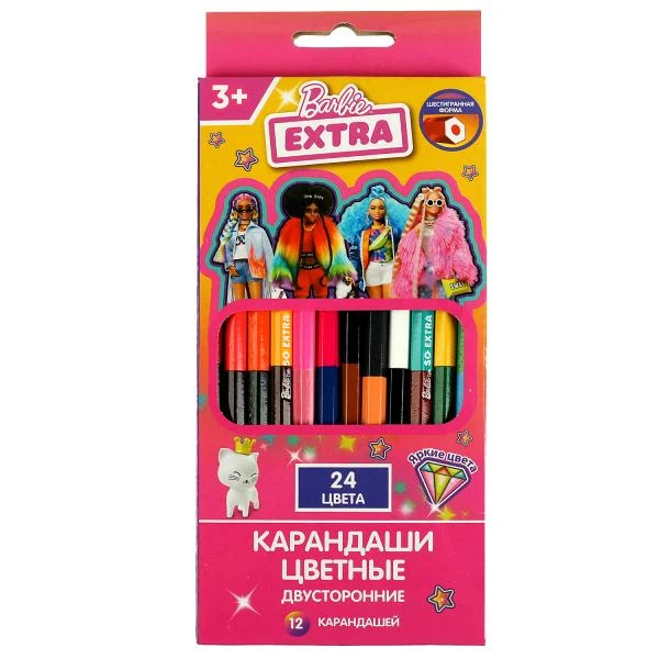 Цветные карандаши БАРБИ двусторонние, 24цв (12 шт.) barbie extra Умка