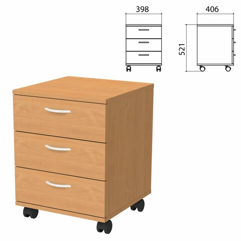 Тумба подкатная "Бюджет", 398х406х521 мм, 3 ящика, груша ароза,