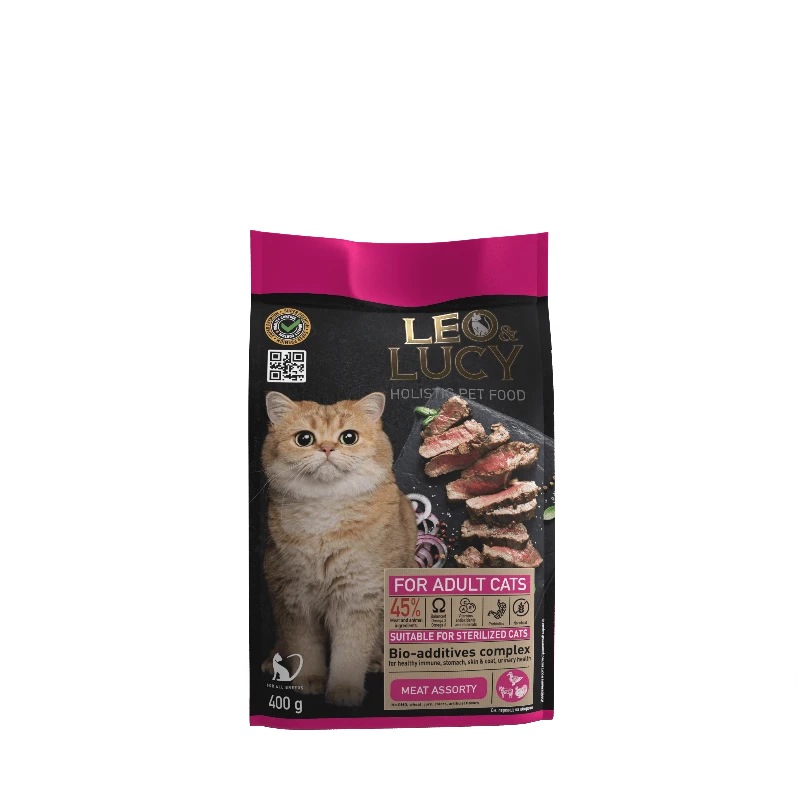 LEO&LUCY сухой холистик корм полнорационный для взрослых кошек мясное ассорти и