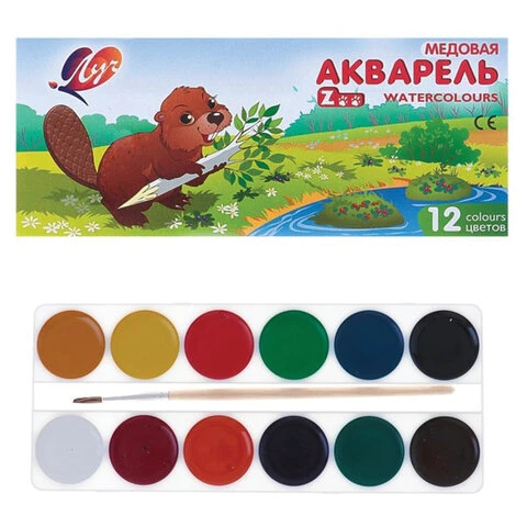 Краски акварельные ЛУЧ "Zoo", 12 цветов, медовые, с кистью, картонная