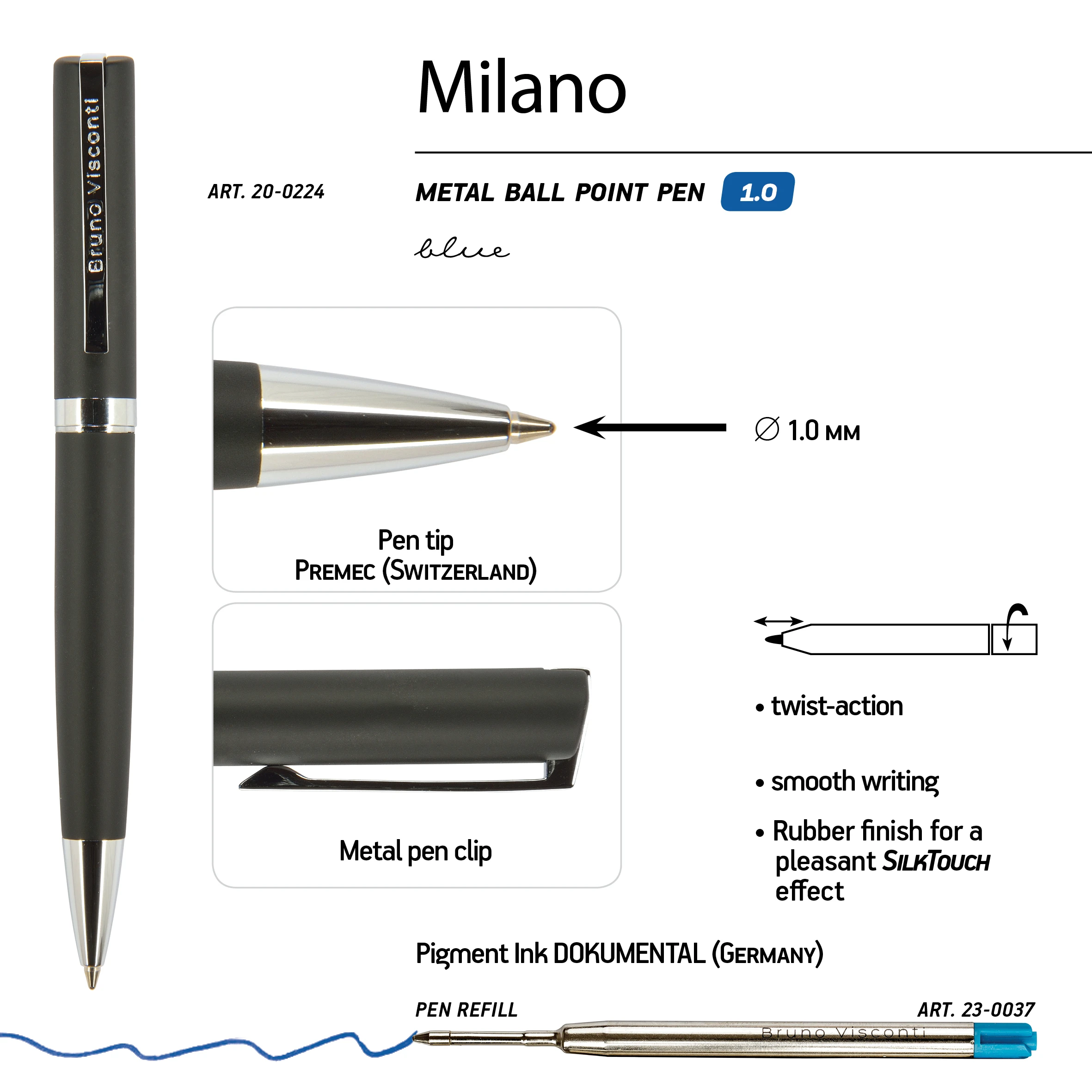 РУЧКА "MILANO" ШАРИКОВАЯ АВТОМАТИЧЕСКАЯ, ЧЕРНЫЙ МЕТАЛЛИЧЕСКИЙ КОРПУС