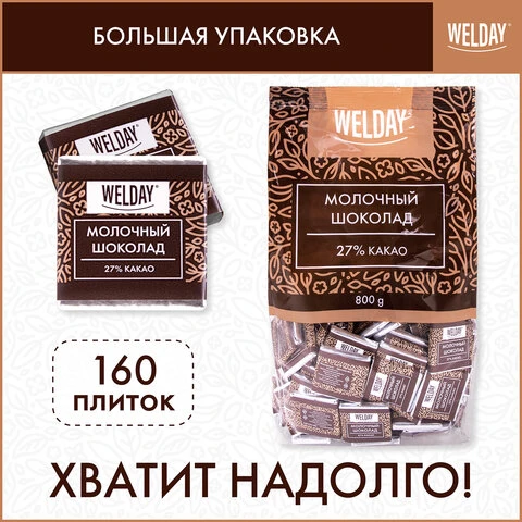 Шоколад порционный WELDAY "Молочный 27%", 800 г (160 плиток по 5 г),