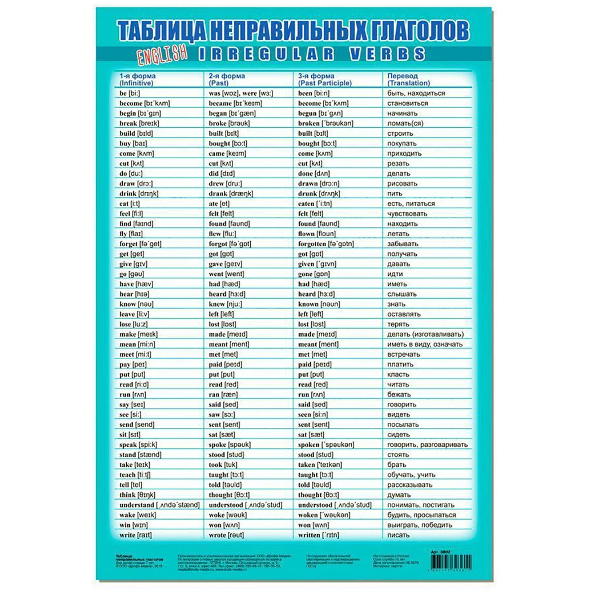 Арт.3802 Плакат. Таблица неправильных глаголов Арт.3802 Плакат. Таблица неправильных глаголов