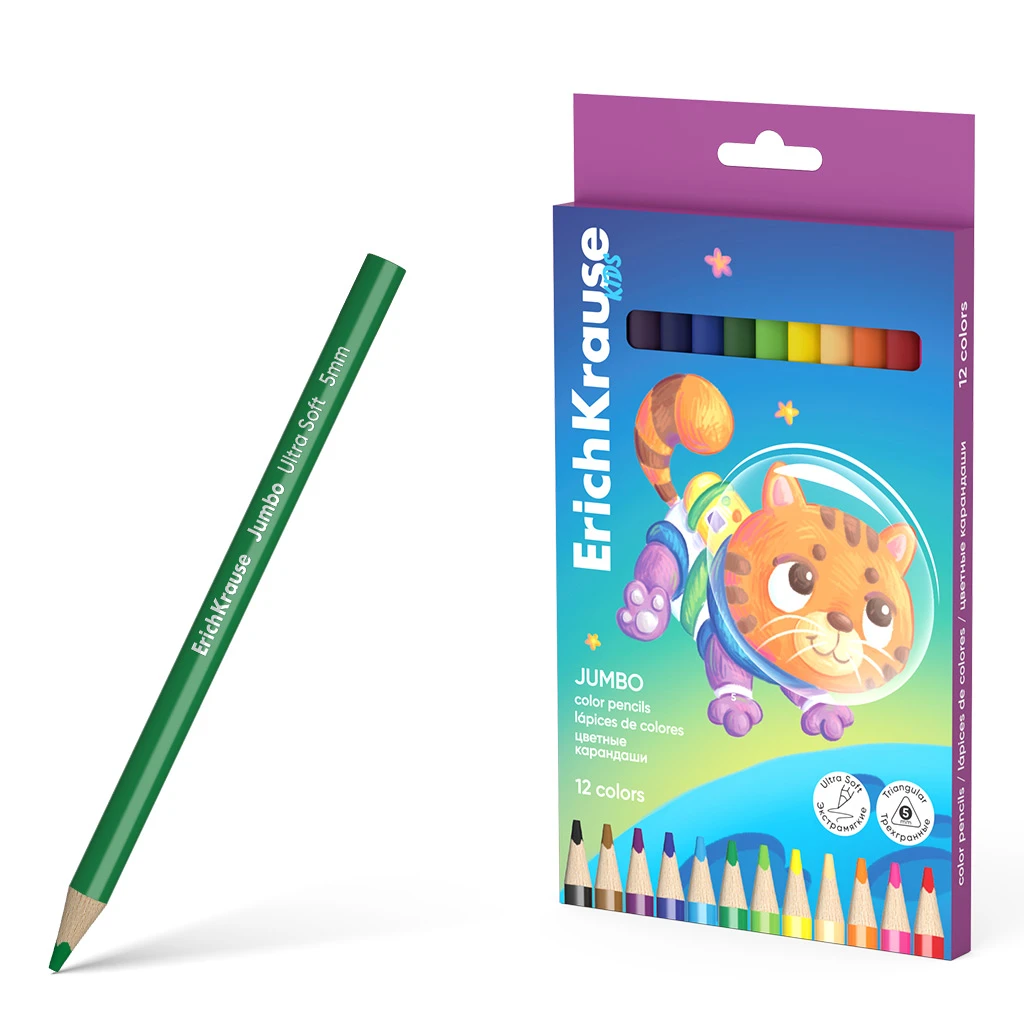 Цветные карандаши деревянные Erich Krause Kids Jumbo Space Animals трехгранные,