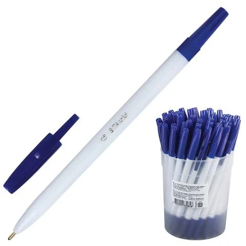 Ручка шариковая СТАММ "049", СИНЯЯ, корпус белый, узел 1,2 мм, линия