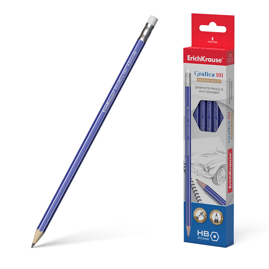 Чернографитный шестигранный карандаш с ластиком Erich Krause® Grafica 101 HB (в