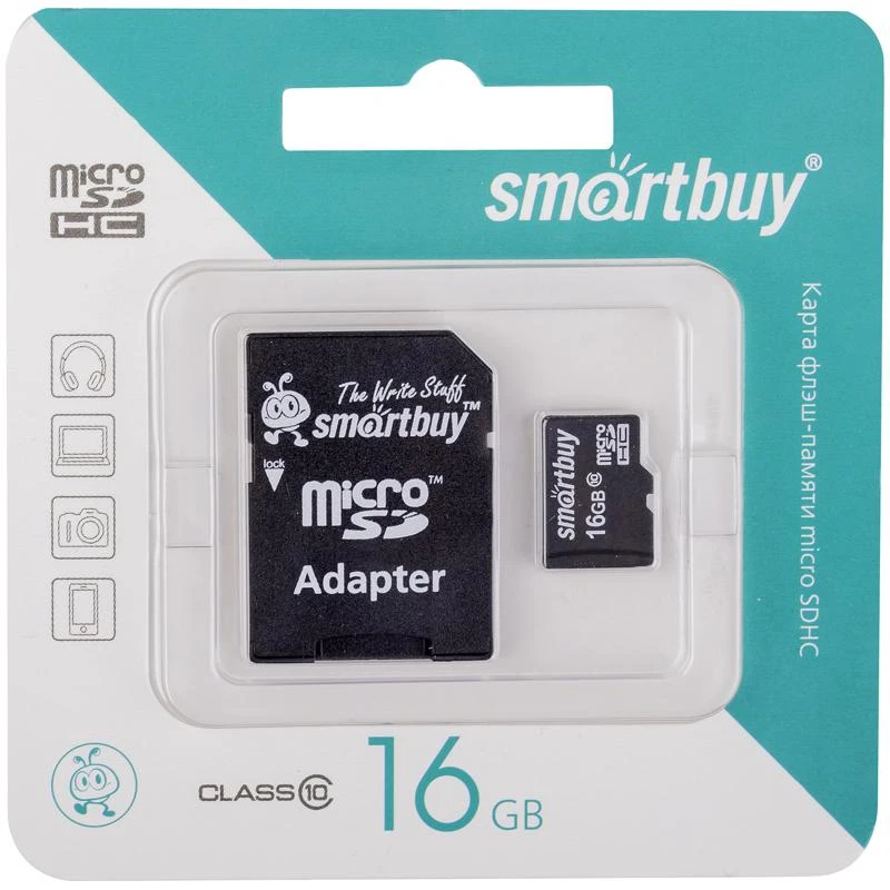 Карта памяти MicroSDHC 16GB Class 10 SmartBuy (адаптер SD): SB16GBSDCL10-01