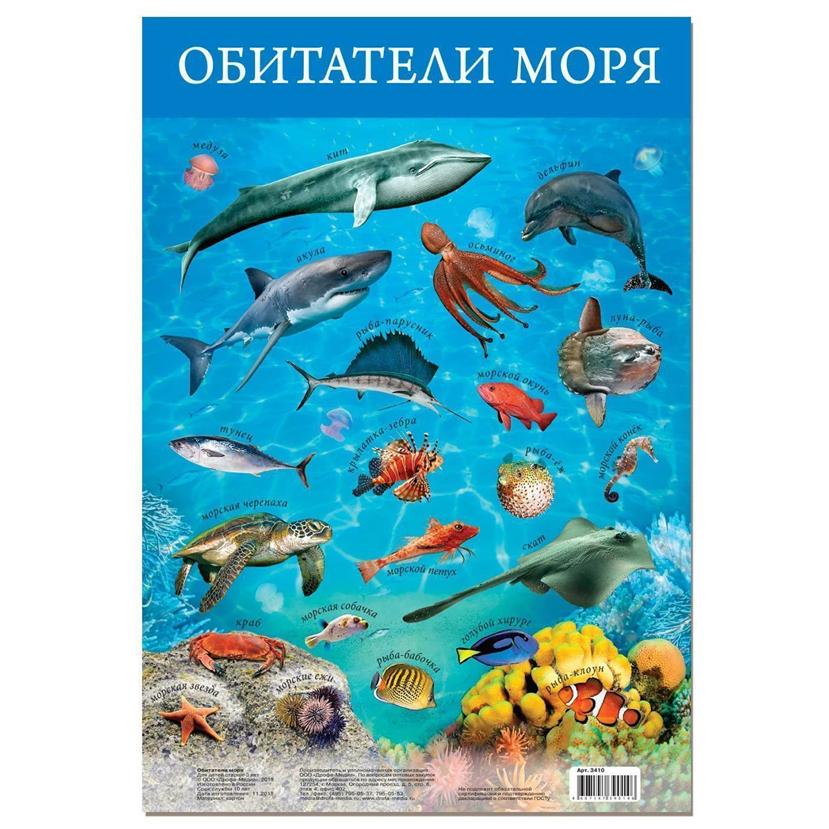 Арт.3410 Плакат. Обитатели моря купить оптом, цена от 32.36 руб.  4607147390146