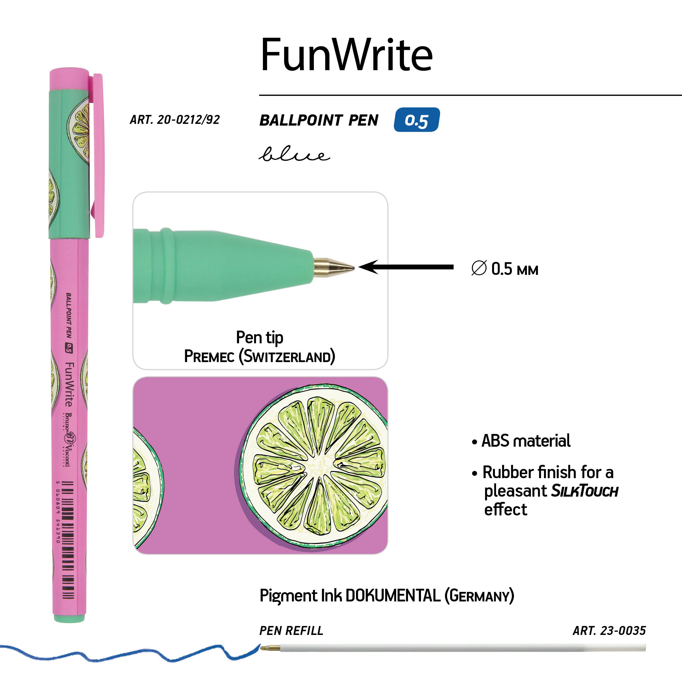 РУЧКА "FunWrite. Fresh & fruity. Лайм" ШАРИКОВАЯ 0.5 ММ, СИНЯЯ