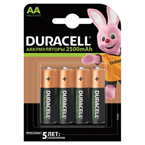 Батарейки аккумуляторные DURACELL, АА (HR06), Ni-Mh, 2500 mAh, КОМПЛЕКТ 4 шт., в