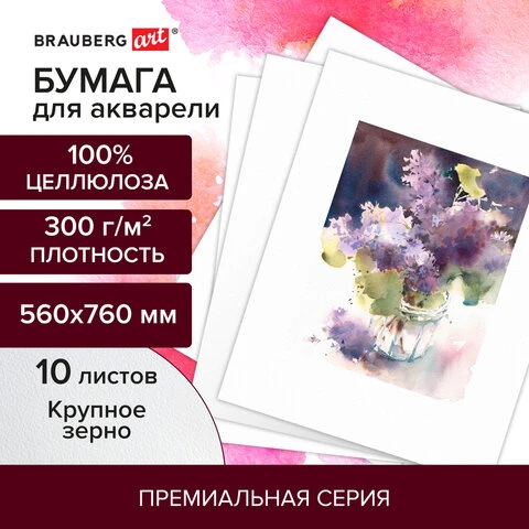 Бумага для акварели 300 г/м2 560x760 мм крупное зерно, 10 листов, BRAUBERG ART