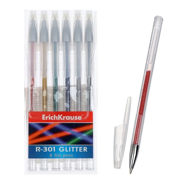 Набор ручек гелевых 6 цветов, ErichKrause R-301 Glitter, узел 0.8 мм, чернила