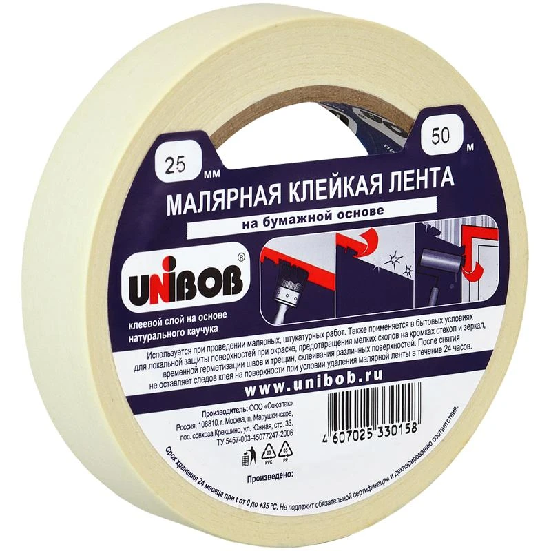 Клейкая лента малярная Unibob, 25мм*50м, инд.упаковка. 28135