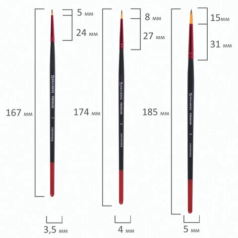 Кисти BRAUBERG PREMIUM, набор 5 шт. (синтетика, круглая № 1, 2, 3, 4, 5),