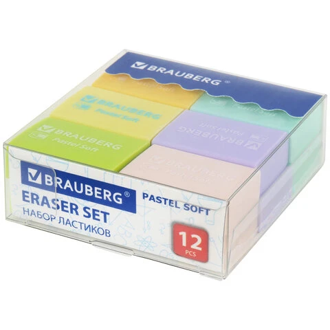 Ластики BRAUBERG "Pastel Soft" НАБОР 12 шт., размер ластика 31х20х10