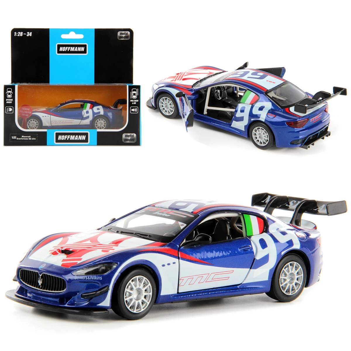 Машина металлическая Maserati Gran Turismo MC GT4 1:32, звук/свет, двери откр.,