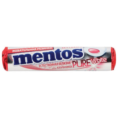 Жевательная резинка MENTOS Pure White (Ментос) "Ролл Клубника", 15,5