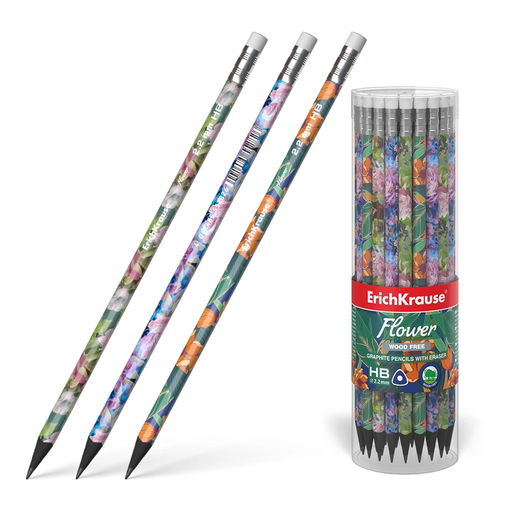 Пластиковый чернографитный трехгранный карандаш с ластиком ErichKrause® Flower