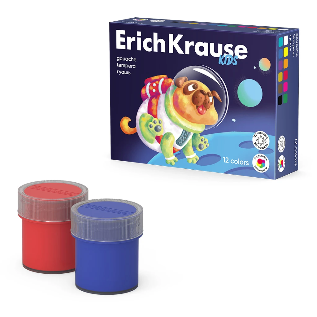 Гуашь Erich Krause Kids Space Animals с УФ защитой яркости 12 цветов по 20 мл.