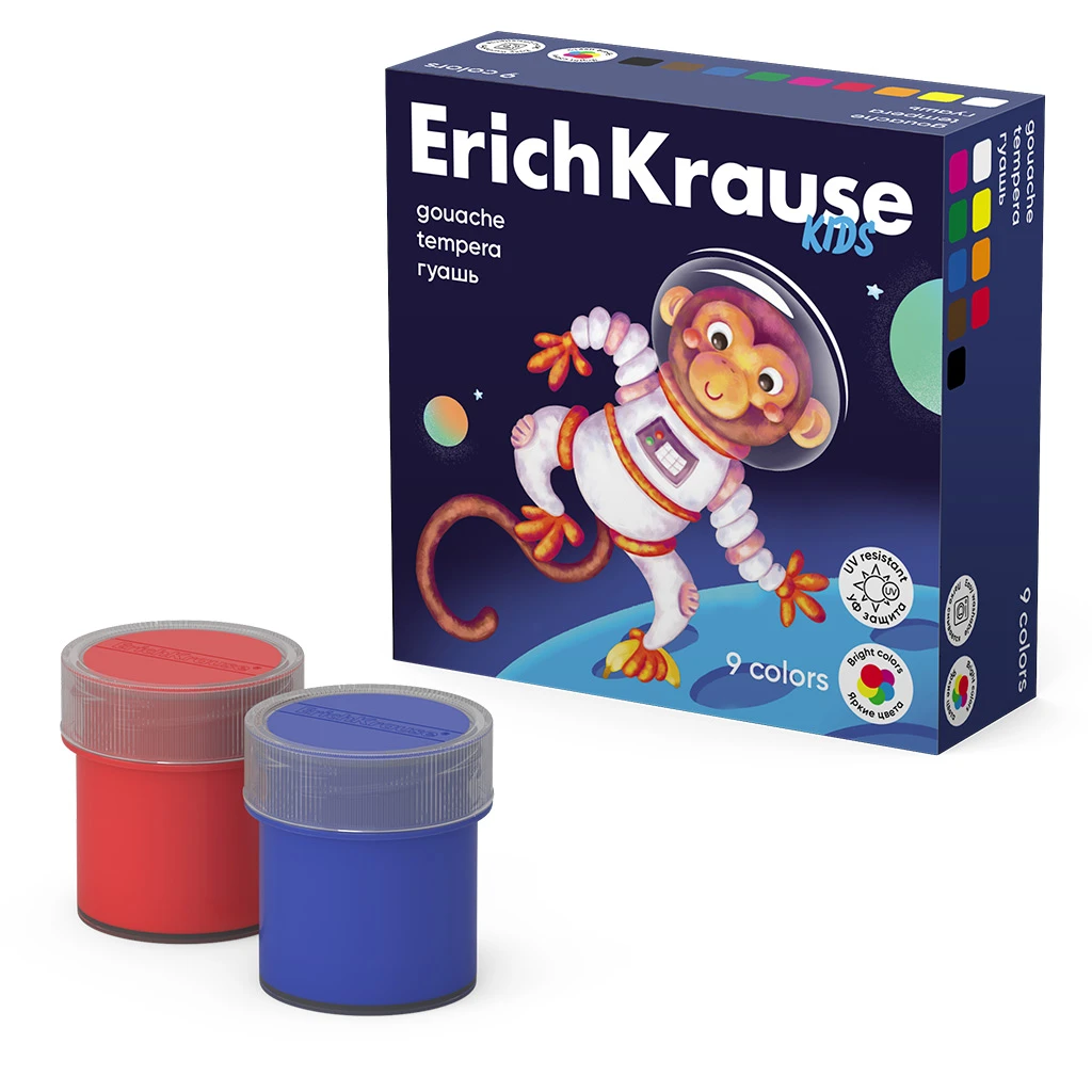 Гуашь Erich Krause Kids Space Animals с УФ защитой яркости 9 цветов по 20 мл. (в