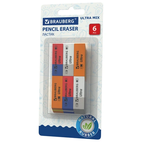 Ластики BRAUBERG "Ultra Mix" 6 шт., размер ластика 41х14х8 мм,
