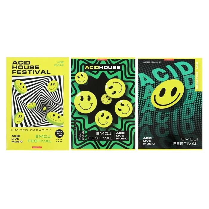 Тетрадь А4, 48 листов в клетку "Кислотные смайлы", обложка мелованный