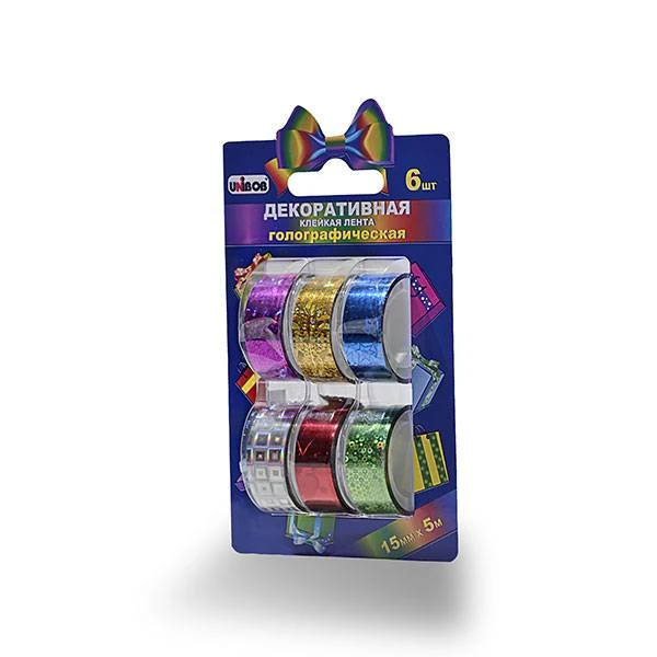 Клейкая лента канцелярская  UNIBOB ГОЛОГРАФИЧЕСКАЯ 15 мм 5 м ассорти 