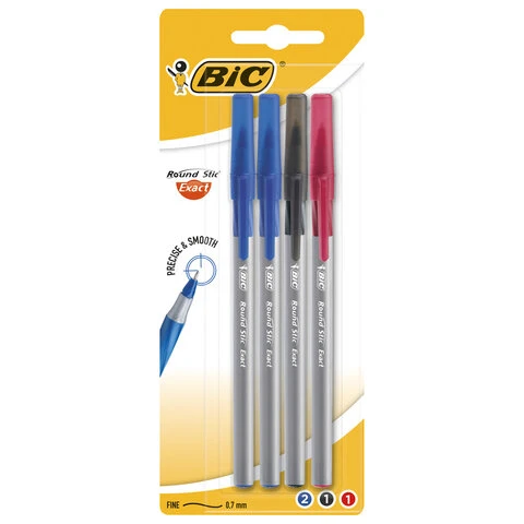 Ручки шариковые с грипом BIC "Round Stic Exact", НАБОР 4 шт./3 ЦВЕТА