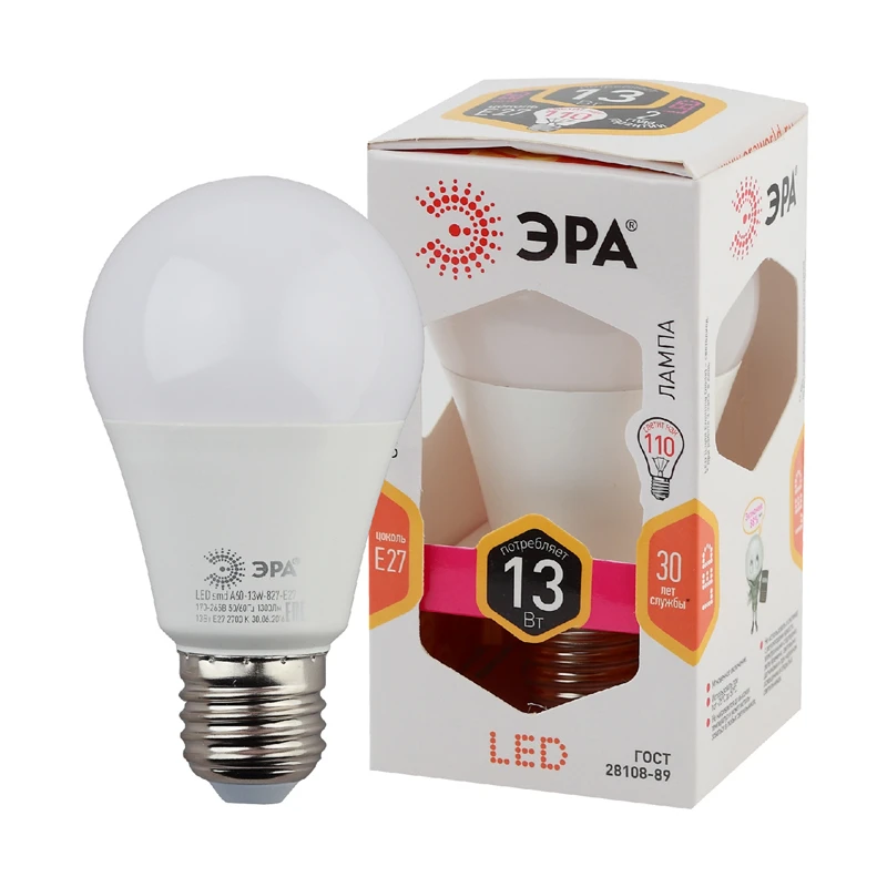 Лампа светодиодная Эра LED A60-13W-827-E27, 13Вт, тип А "груша", E27,