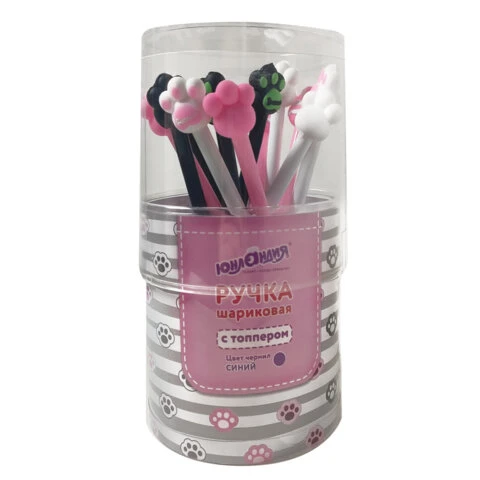 Ручка с топпером шариковая ЮНЛАНДИЯ "Лапка", корпус ассорти, СИНЯЯ,