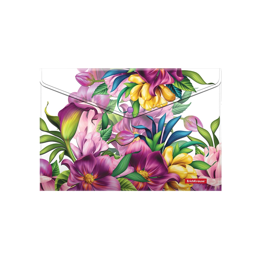 Папка-конверт на кнопке пластиковая Erich Krause® Tropical Flowers, A4 (в пакете