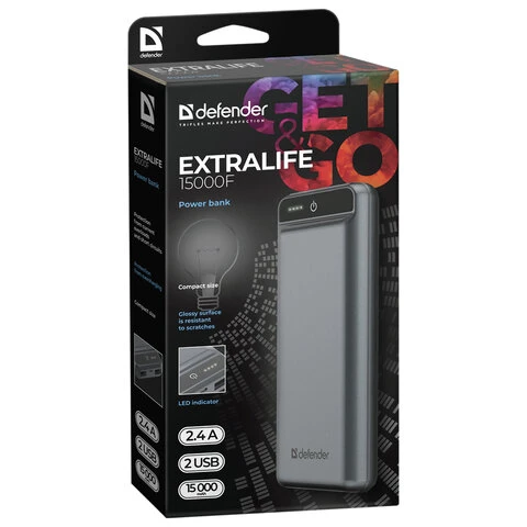 Аккумулятор внешний DEFENDER EXTRALIFE 15000F, 15000 mAh, 2 USB, Li-pol, серый,