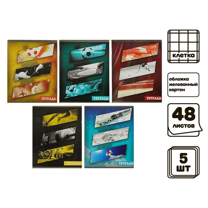 Комплект тетрадей из 5 штук, 48 листов, клетка, Спорт, обложка мелованный