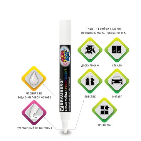 Маркер меловой BRAUBERG "POP-ART", сухостираемый, для гладких Маркер меловой BRAUBERG "POP-ART", сухостираемый, для гладких