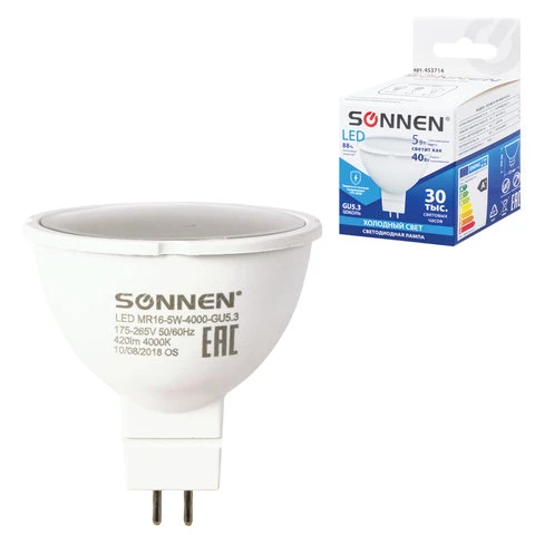 Лампа светодиодная SONNEN, 5 (40) Вт, цоколь GU5.3, холодный белый свет, LED