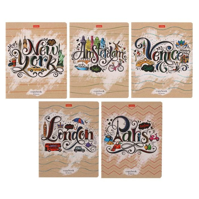 Тетрадь 48 листов в клетку CityСraft, обложка крафт-картон, блок офсет, МИКС