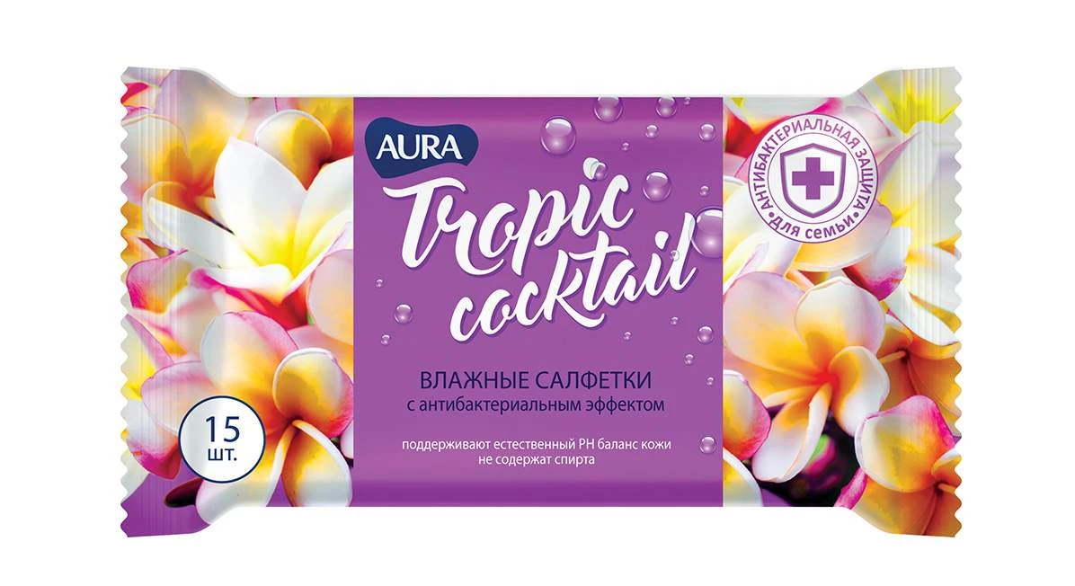 Влажные салфетки AURA Tropic Coctail 15шт с антибактериальным эффектом