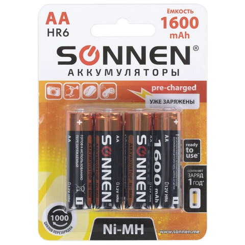 Батарейки аккумуляторные Ni-Mh пальчиковые КОМПЛЕКТ 4 шт., АА (HR6) 1600 mAh,