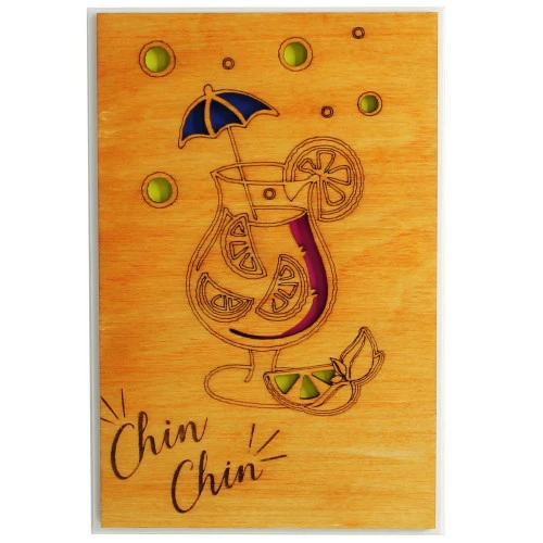 Деревянная открытка резная "Chin Chin"
