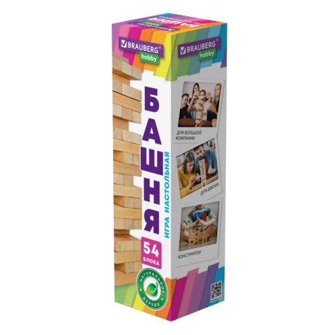 Игра настольная "БАШНЯ", 54 деревянных блока, BRAUBERG HOBBY, 665492