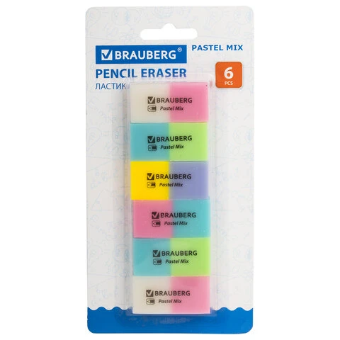 Набор ластиков BRAUBERG "Pastel Mix", 6 шт., цвета ассорти, 44х21х10