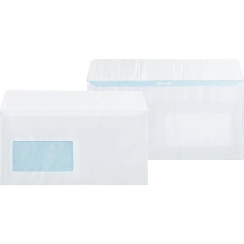 Конверты белый Е65 стрип 110х220 80г левое окно КОМУС 1000 шт/уп