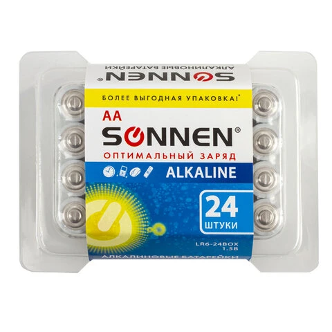 Батарейки КОМПЛЕКТ 24 шт., SONNEN Alkaline, АА(LR6, 15А), алкалиновые,