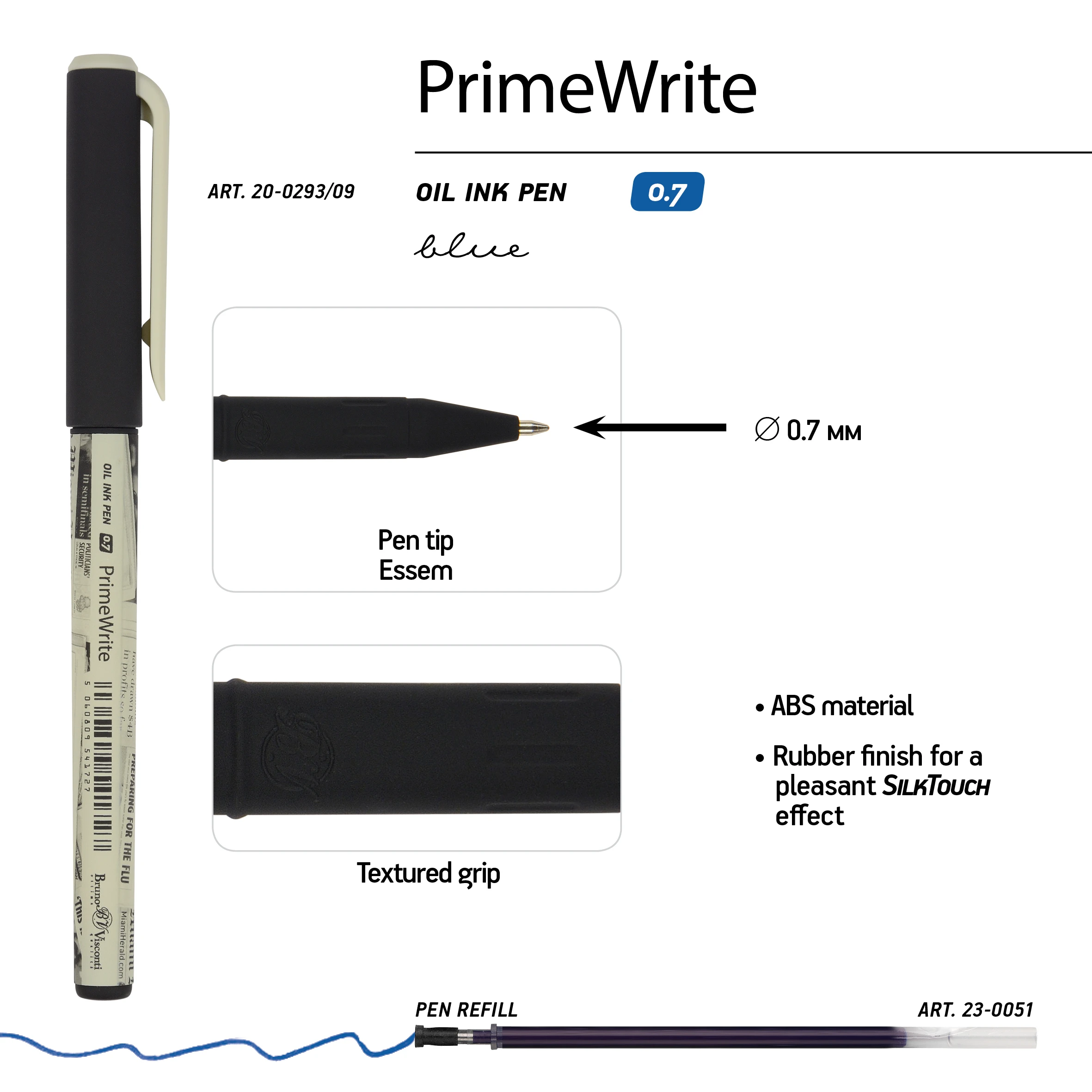 РУЧКА "PrimeWrite. Газета-1" С ЧЕРНИЛАМИ НА МАСЛЯНОЙ ОСНОВЕ, 0.7 ММ,