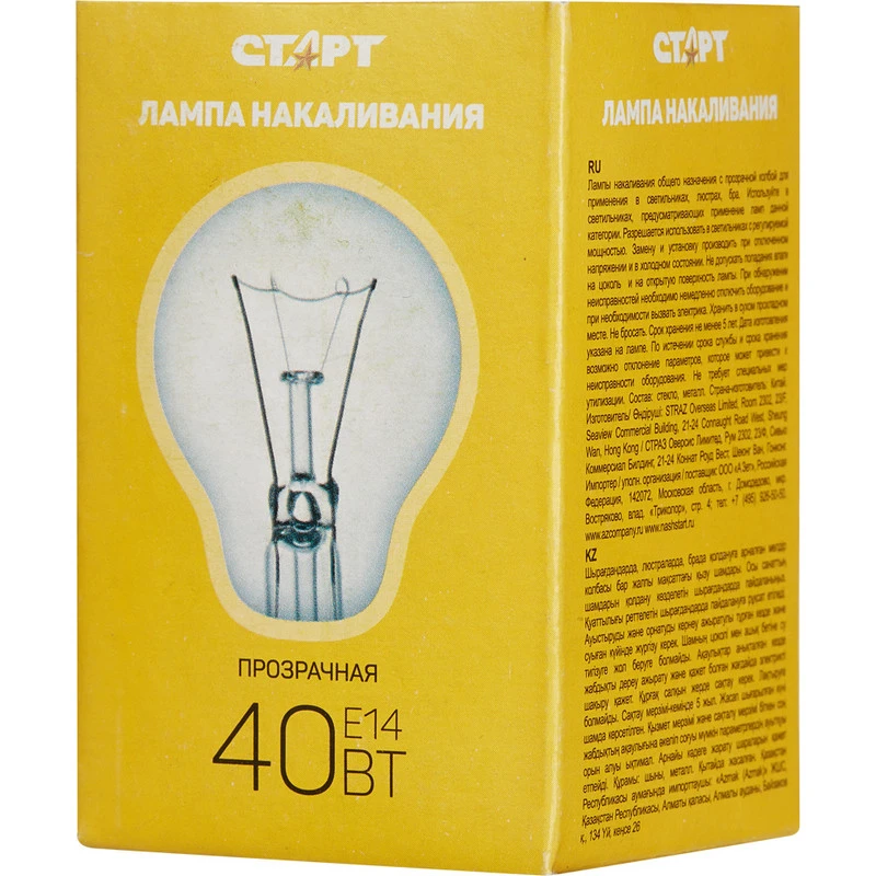 Лампа накаливания Старт 40 -Вт цоколь -E14 шар прозрачная