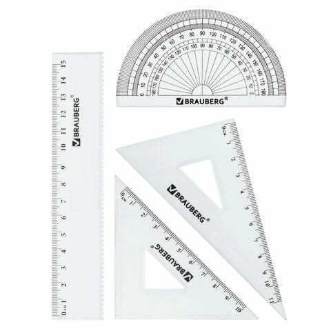 Набор чертежный малый BRAUBERG (линейка 15 см, 2 угольника, транспортир),