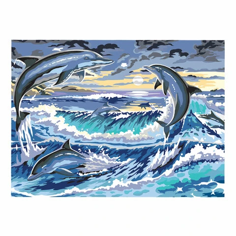 Картина по номерам А3, ОСТРОВ СОКРОВИЩ "Дельфины", акриловые краски,